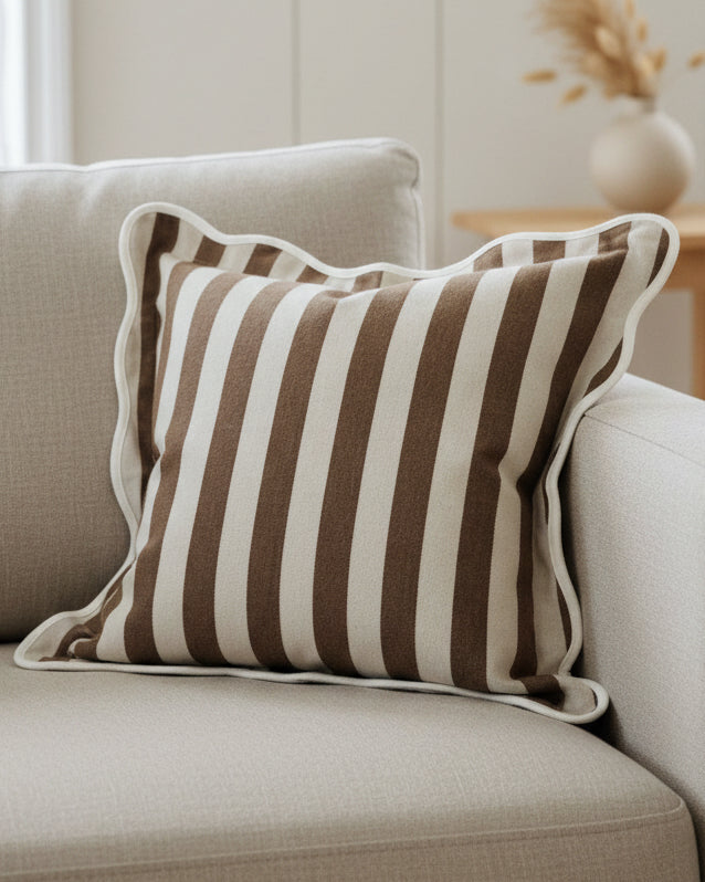 Chloe Brown square cushion cover with stripe and scalloped edges, soft furnishings by Ellenvale Trade.