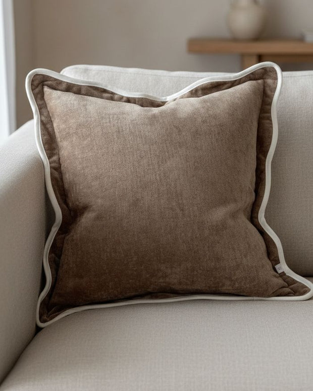 Chloe Coffee Brown and Cream scalloped cushion cover by Ellenvale Trade, soft furnishings with elegant design and textured fabric.