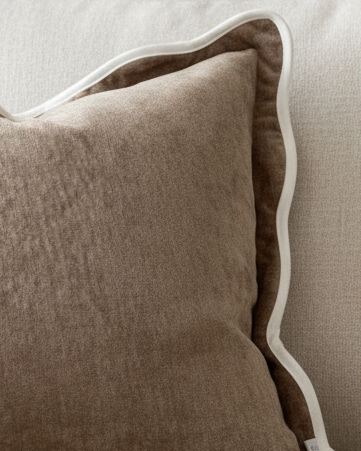 Chloe coffee brown and cream scalloped cushion cover by Ellenvale Trade, soft furnishings with decorative scalloped edges.