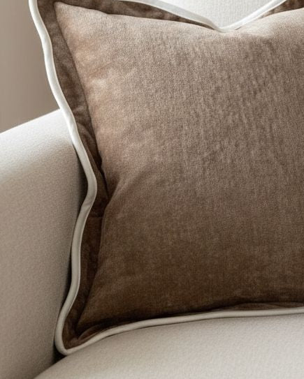 Chloe coffee brown and cream scalloped cushion cover by Ellenvale Trade, soft furnishings with decorative scalloped edges.
