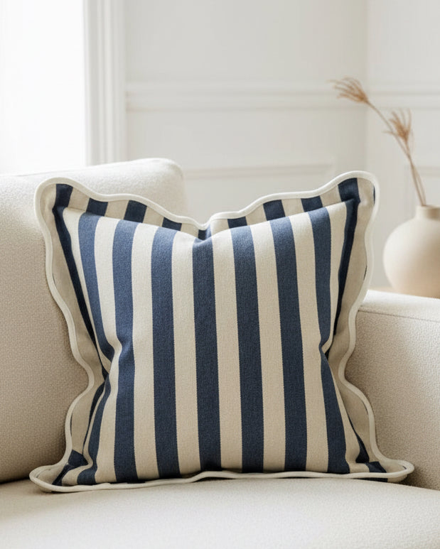Navy blue square scalloped cushion cover by Ellenvale Trade, soft furnishings accessory with decorative scalloped edges.