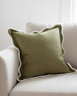Olive green square cushion cover with scalloped edges, soft furnishings by Ellenvale Trade for stylish home decor.
