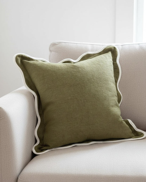 Olive green square cushion cover with scalloped edges, soft furnishings by Ellenvale Trade for stylish home decor.