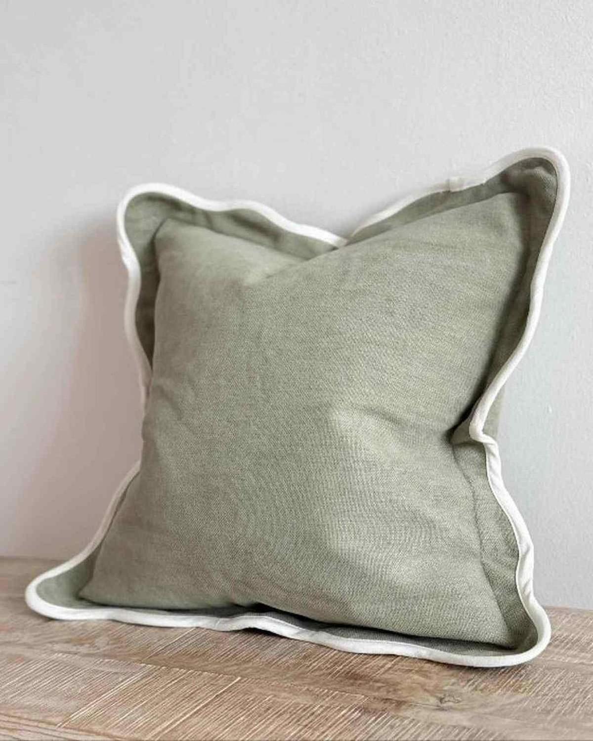 Chloe Sage Green and Cream Square Scalloped Edge Cushion Cover by Ellenvale Trade, soft furnishings with decorative scalloped border.