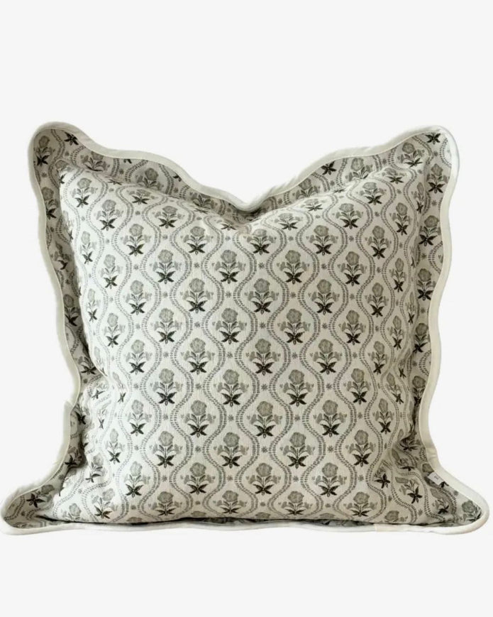Sage green Chloe scalloped square cushion cover with a floral pattern, made by Ellenvale Trade, soft furnishings decor accessory.