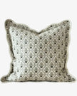 Sage green Chloe scalloped square cushion cover with a floral pattern, made by Ellenvale Trade, soft furnishings decor accessory.