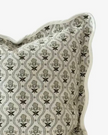 Sage green scalloped square cushion cover with a floral pattern, made of soft furnishings fabric, by Ellenvale Trade.