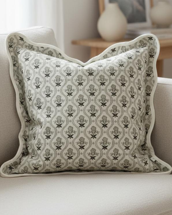 Sage green Chloe scalloped square cushion cover with pattern, made of soft furnishings fabric, by Ellenvale Trade.