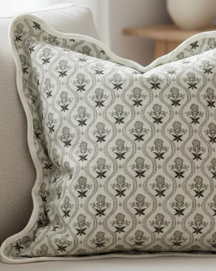 Sage green scalloped square cushion cover with patterned design from Ellenvale Trade, soft furnishings collection.