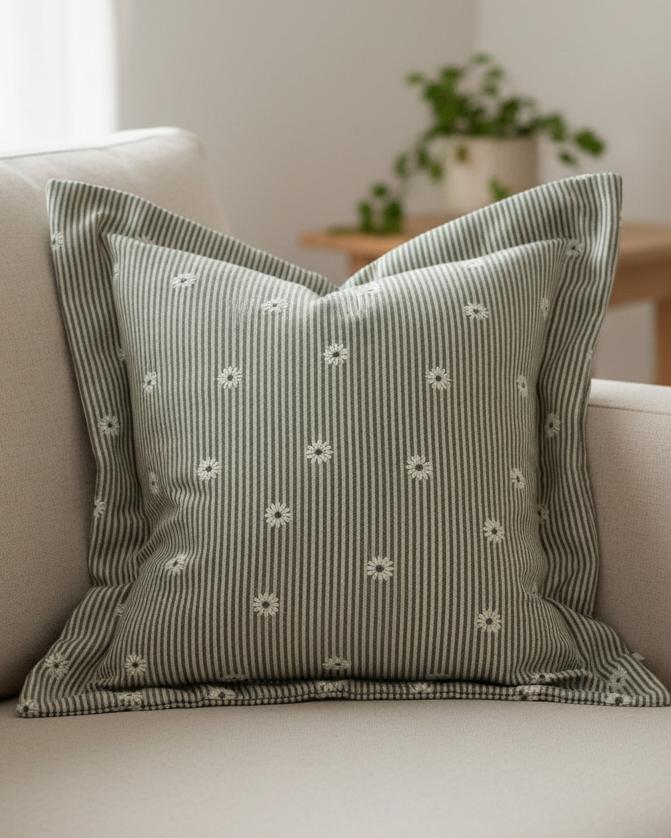 Olive green square cushion cover by Ellenvale Trade with daisy pattern, made from soft furnishings fabric, perfect for home decor.
