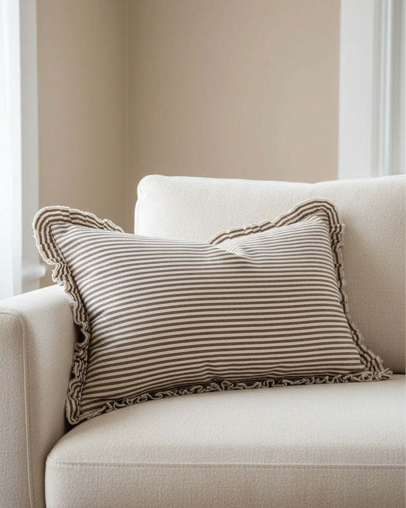 Darcy chocolate brown and white pinstripe cushion cover from Ellenvale Trade, rectangular soft furnishing with luxury cotton blend fabric.