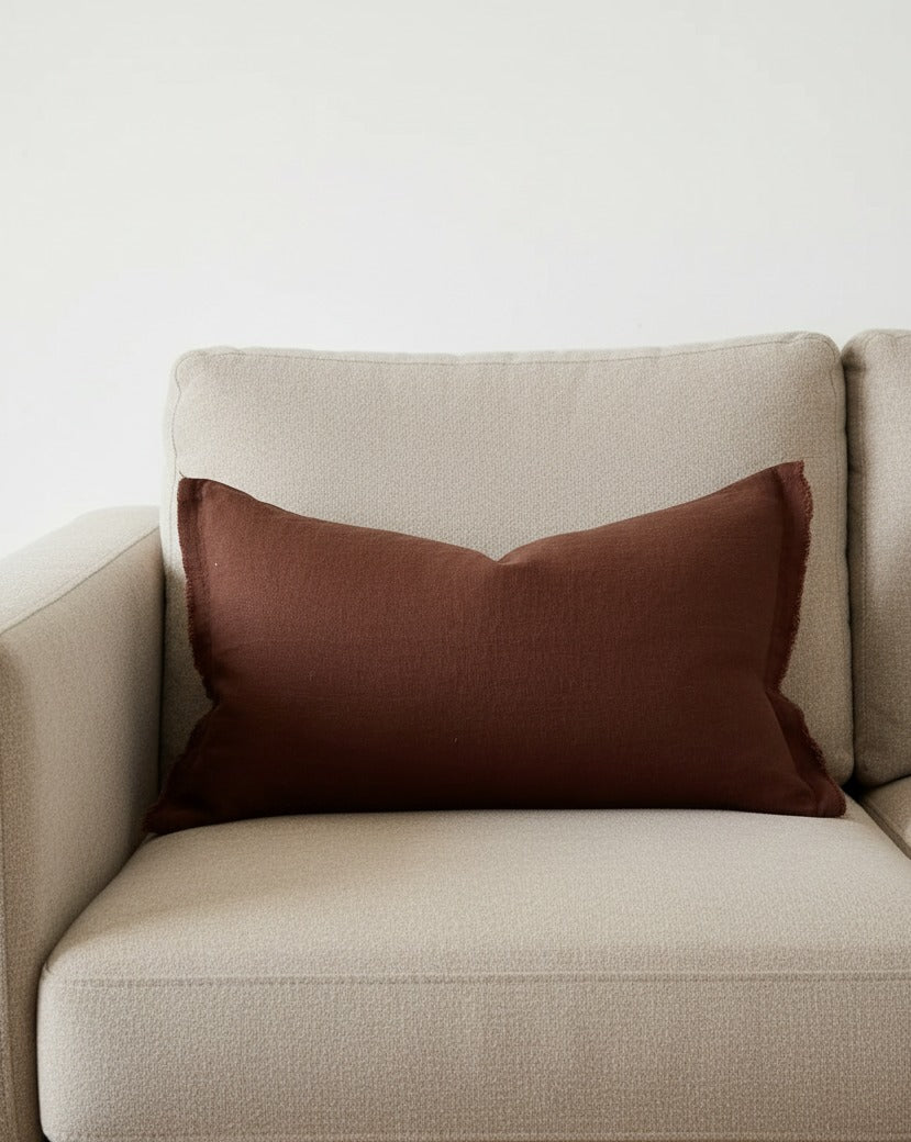 Dark brown linen blend cushion cover with ruffle details, rectangular shape, from Ellenvale Trade's Esmee collection.