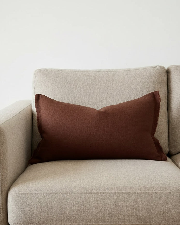 Dark brown linen blend cushion cover with ruffle details, rectangular shape, from Ellenvale Trade's Esmee collection.