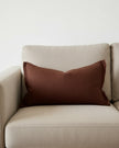 Dark brown linen blend cushion cover with ruffle details, rectangular shape, from Ellenvale Trade's Esmee collection.