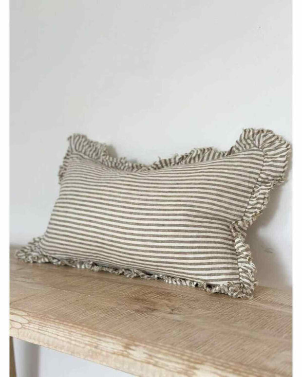Olive green pinstripe linen cushion cover by Ellenvale Trade, rectangular soft furnishing with a stylish pinstripe pattern.