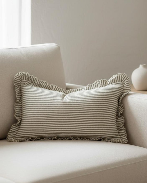 Olive green pinstripe cushion cover by Ellenvale Trade, rectangular linen soft furnishings for sofa or bed decor.