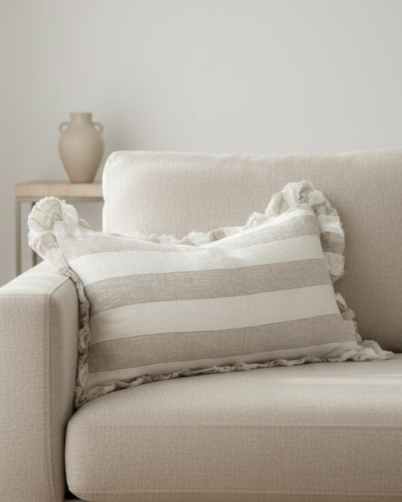 Hallie beige and white wide stripe rectangle cotton blend cushion cover from Ellenvale Trade, soft furnishings for home decor.