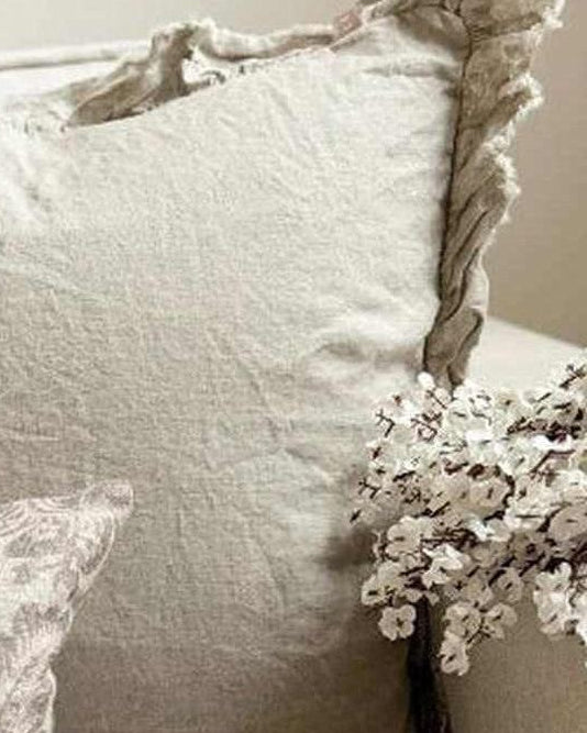 Hallie Natural Beige Cushion Cover by Ellenvale Trade, soft linen fabric with ruffled edges, rectangular decorative cushion for living room.