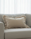 Hallie beige rectangle linen cushion cover with ruffled edges, soft furnishings by Ellenvale Trade, stylish and textured home decor accessory.