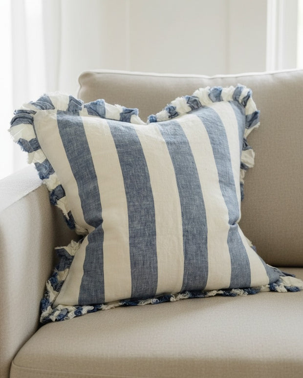 Blue and white wide stripe luxury cotton blend cushion cover by Ellenvale Trade, soft furnishings with stylish design.