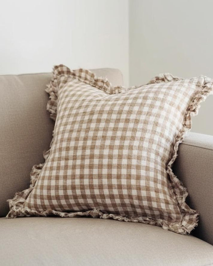 Hallie Coffee Brown square gingham cushion cover by Ellenvale Trade, soft furnishings with a classic checkered pattern.
