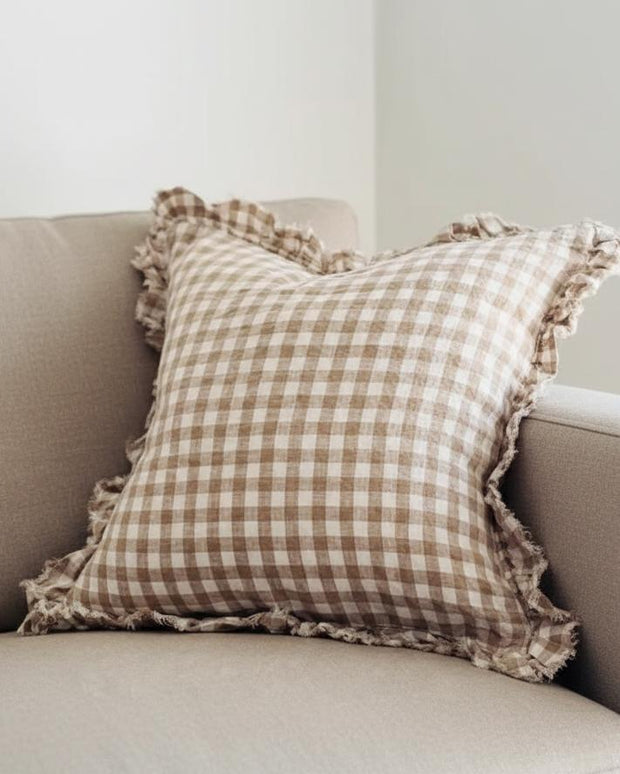 Hallie Coffee Brown square gingham cushion cover by Ellenvale Trade, soft furnishings with a classic checkered pattern.