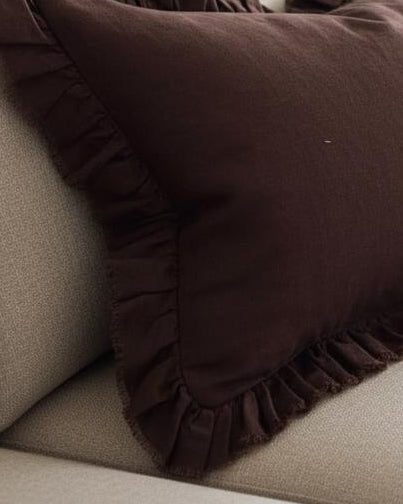 Dark brown linen blend cushion cover with ruffle detail, rectangular shape, from Ellenvale Trade soft furnishings collection.
