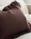 Dark brown linen blend cushion cover with ruffle detail, rectangle shape, by Ellenvale Trade, suitable for soft furnishings.