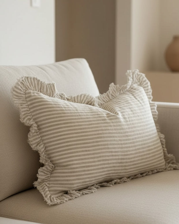 Hallie beige pinstripe cushion cover by Ellenvale Trade, rectangle soft furnishing with natural tones and subtle stripe pattern.