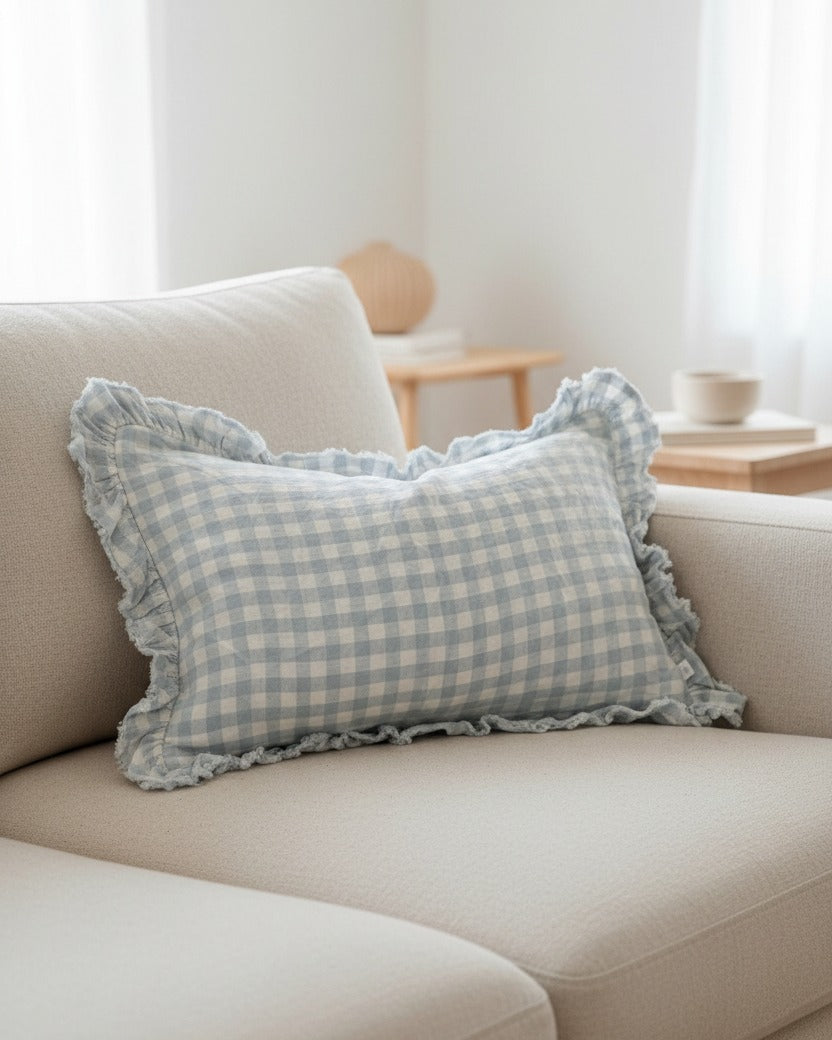 Ocean blue rectangle Gingham cushion cover by Ellenvale Trade, soft furnishings, with classic check pattern and tailored design.