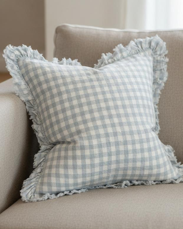 Ocean blue square gingham cushion cover by Ellenvale Trade, soft furnishings with a classic checkered pattern.