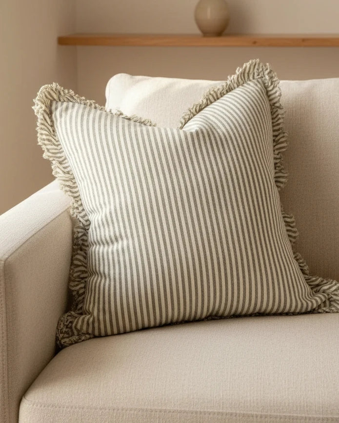 Olive green pinstripe cushion cover from Ellenvale Trade, extra large square linen soft furnishing for sofa or bed decor.