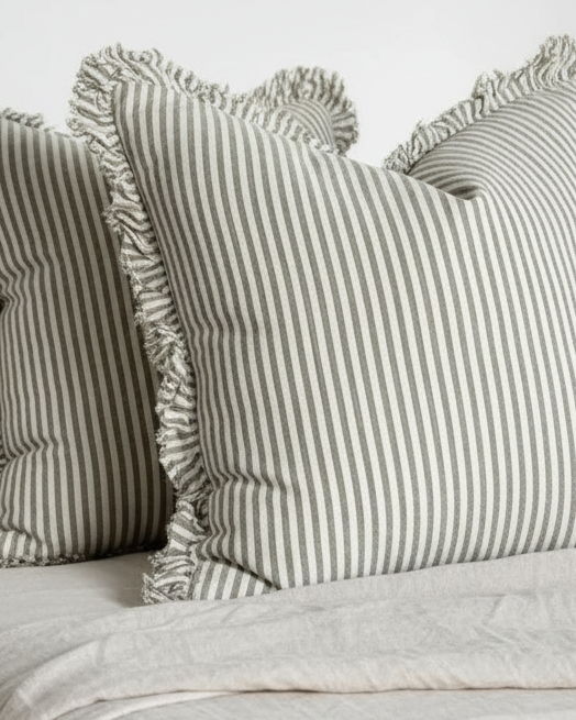 Olive green pinstripe cushion cover from Ellenvale Trade, extra large square linen soft furnishing with a stylish design.