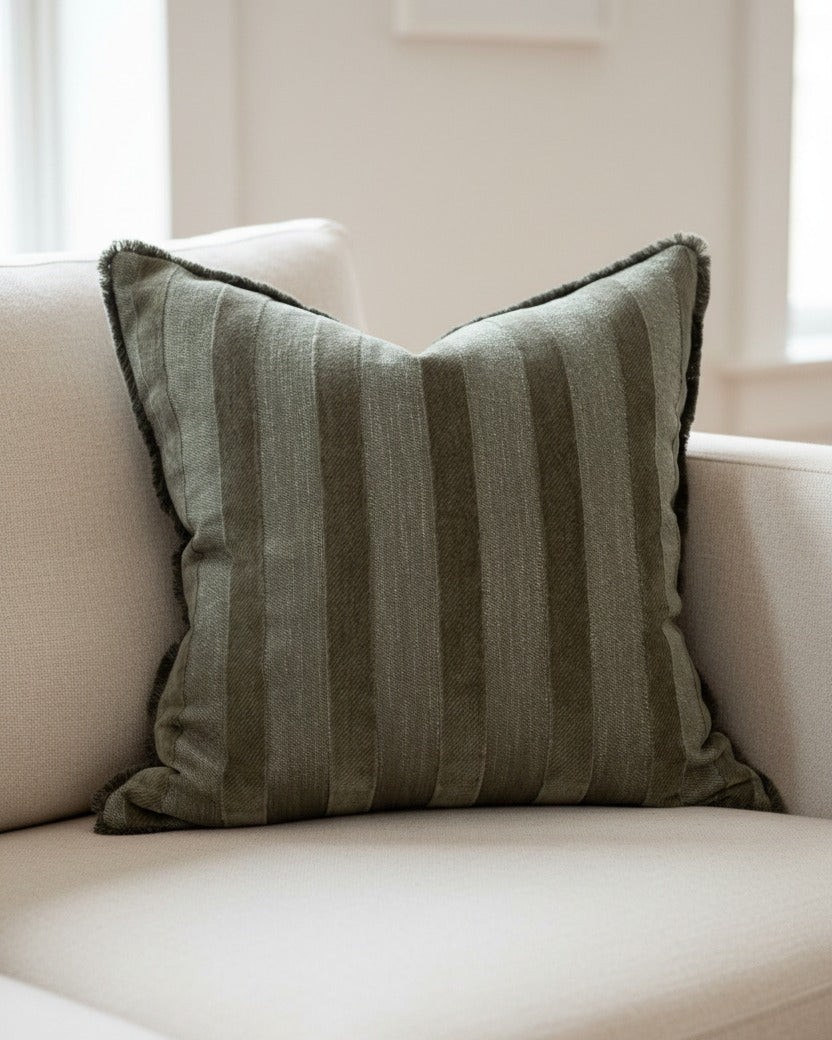 Olive green striped square cushion cover from Ellenvale Trade, soft furnishings with a stylish striped design.