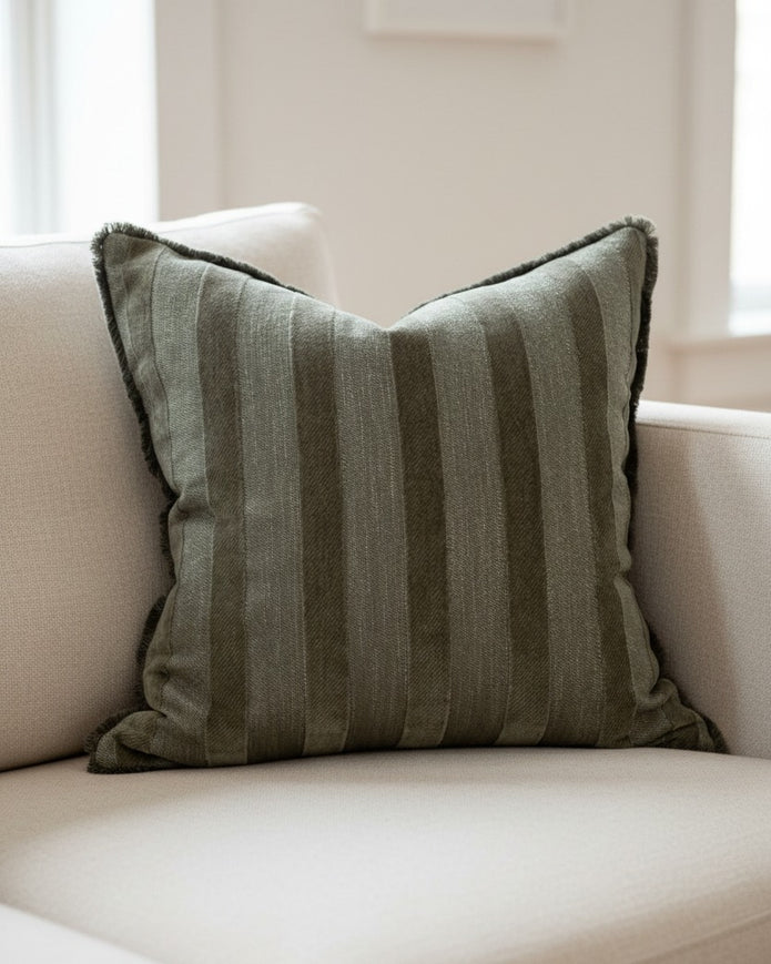 Olive green striped square cushion cover from Ellenvale Trade, soft furnishings with a stylish striped design.