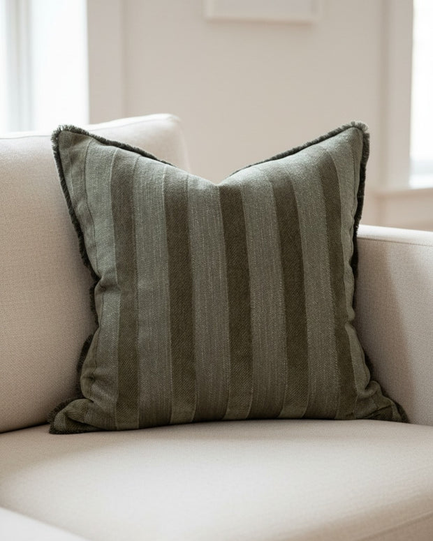 Olive green striped square cushion cover from Ellenvale Trade, made of soft furnishings fabric with a stylish pattern.