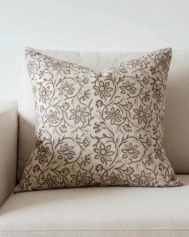 Ivy Brown Floral Print luxury cotton cushion cover by Ellenvale Trade, showcasing a soft furnishings design with floral pattern.