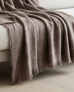 Soft Brown checked knit throw blanket from Ellenvale Trade, cozy fine knit soft furnishings for home comfort.