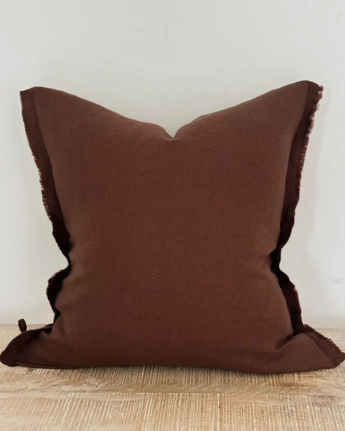 Dark brown linen blend cushion cover with ruffle details, square shape, from Ellenvale Trade Esmee collection.