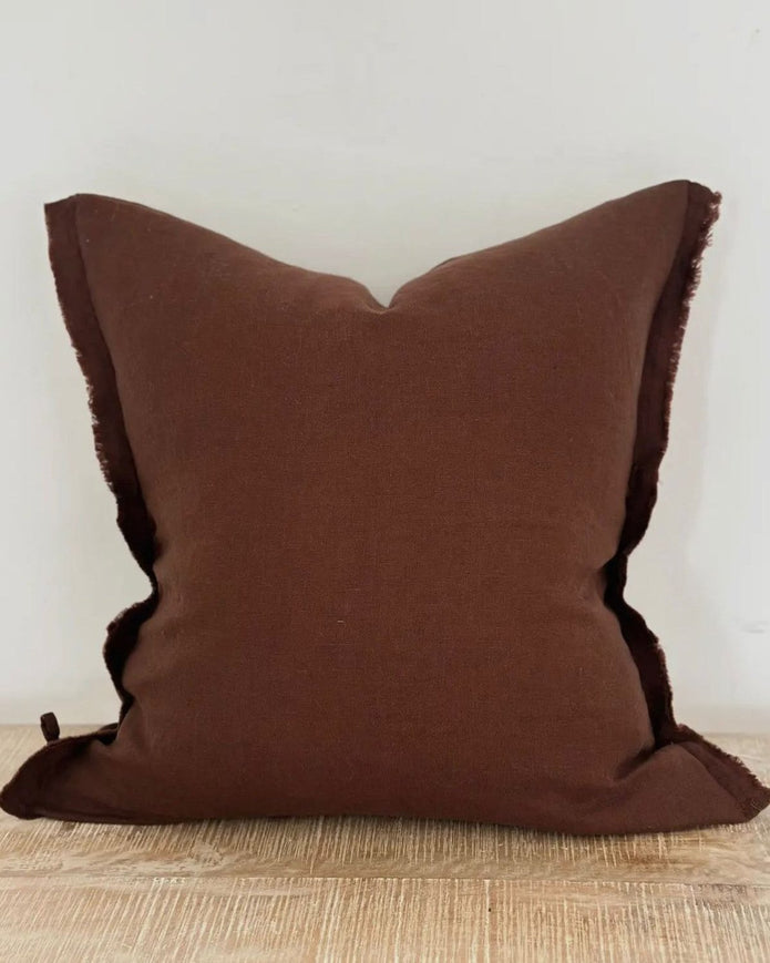 Dark brown linen blend cushion cover with ruffle details, square shape, from Ellenvale Trade Esmee collection.