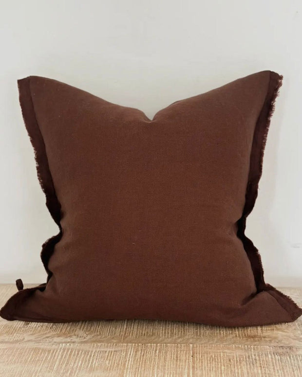 Dark brown linen blend cushion cover with ruffle details, square shape, from Ellenvale Trade Esmee collection.