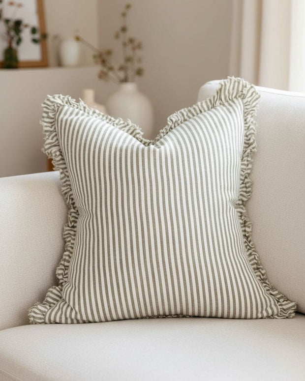 Olive green pinstripe linen cushion cover by Ellenvale Trade, standard square size, soft furnishings decor item.