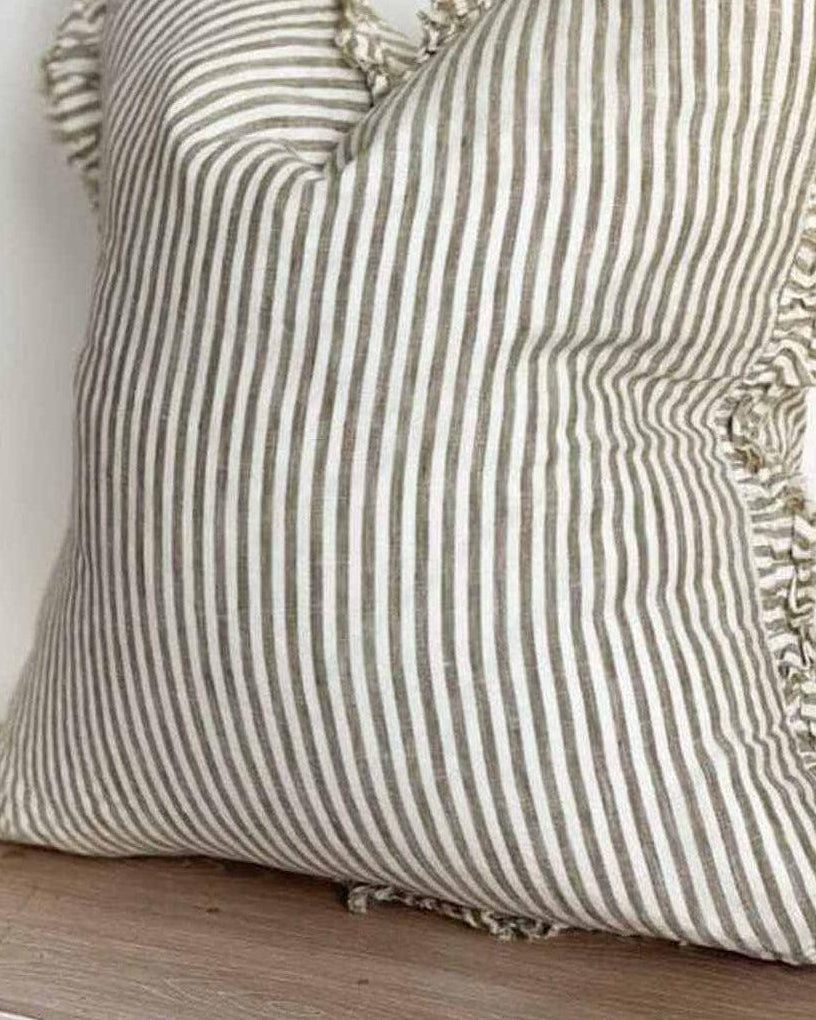 Olive green pinstripe cushion cover by Ellenvale Trade, standard size, soft linen fabric with a square shape and pinstripe design.