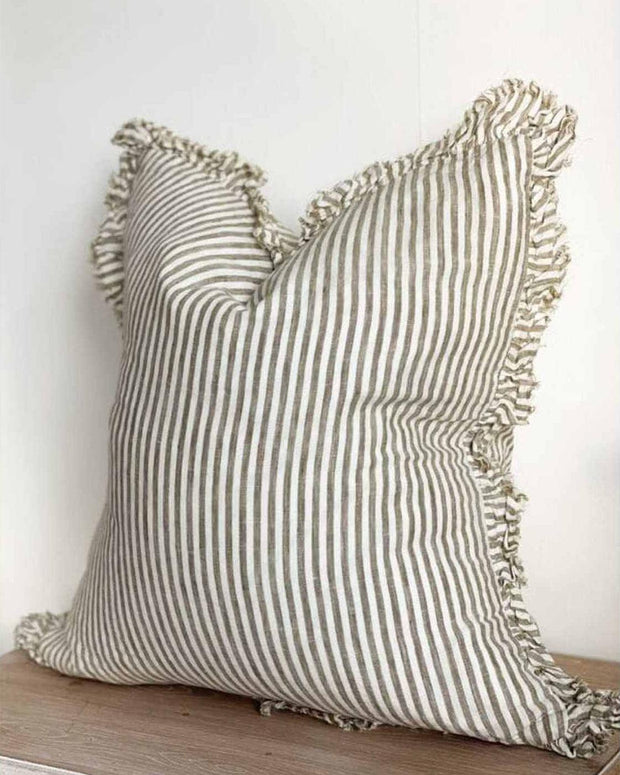 Olive green pinstripe cushion cover by Ellenvale Trade, square linen soft furnishing with a stylish pinstripe pattern for home decor.