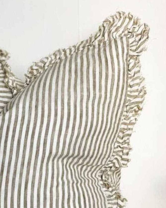 Olive green pinstripe cushion cover by Ellenvale Trade, 45cm square linen soft furnishing with a stylish pinstripe design.