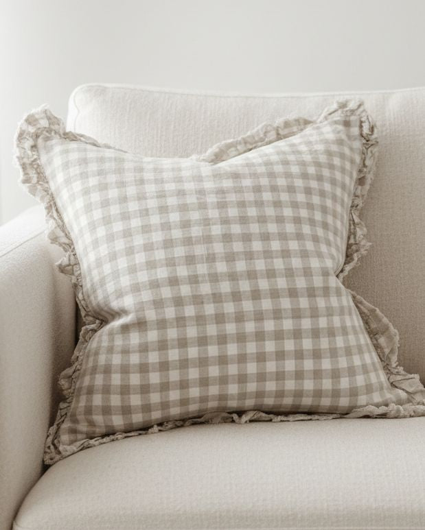 Hallie beige and white square gingham cotton cushion cover from Ellenvale Trade, soft furnishings with 45cm x 45cm size.