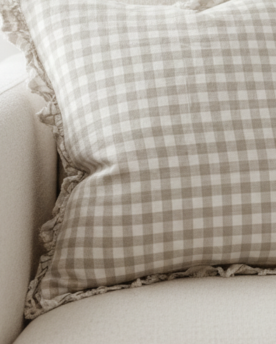 Beige and white square gingham cotton cushion cover by Ellenvale Trade for soft furnishings, 45cm x 45cm.