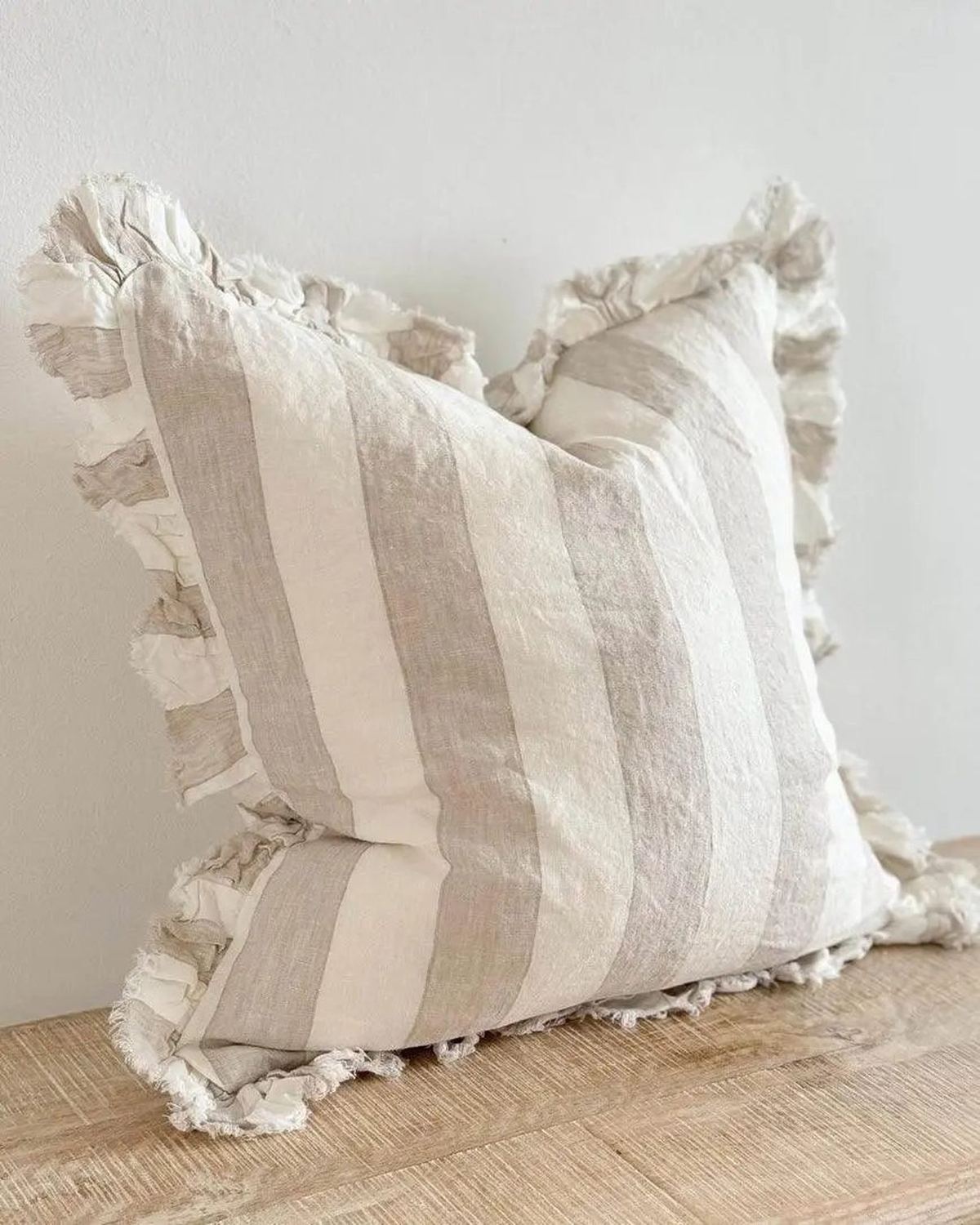 Hallie beige and white wide stripe square cushion cover made of cotton blend, soft furnishings from Ellenvale Trade.