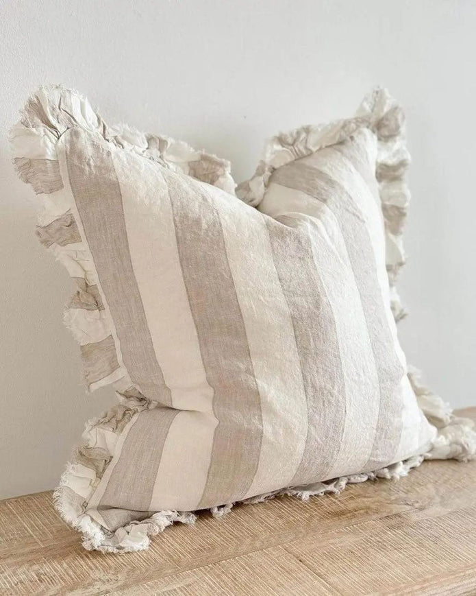 Hallie beige and white wide stripe square cushion cover made of cotton blend, soft furnishings from Ellenvale Trade.