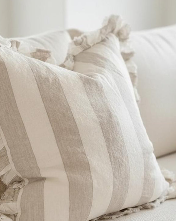Hallie beige and white wide stripe square cushion cover made of cotton blend, soft furnishings by Ellenvale Trade.